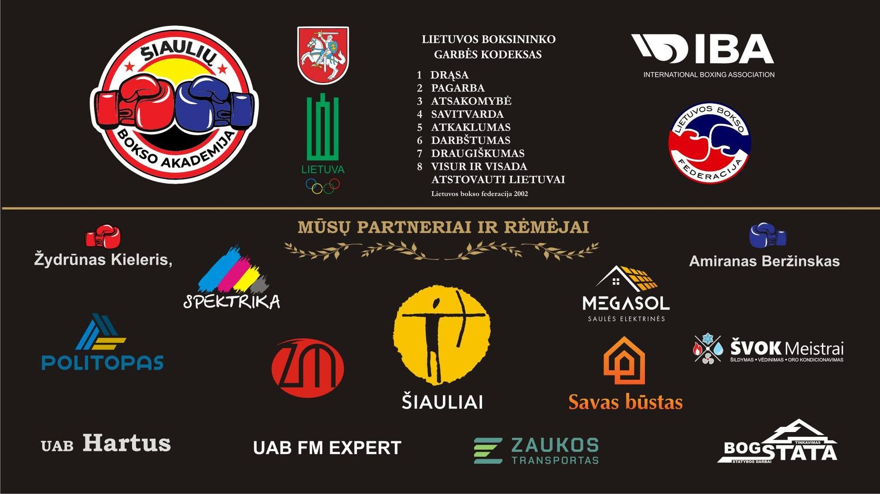 Klubo plakatas su logotipu, Lietuvos herbu, olimpiniu ženklu, boksininko garbės kodeksu ir rėmėjų logotipais